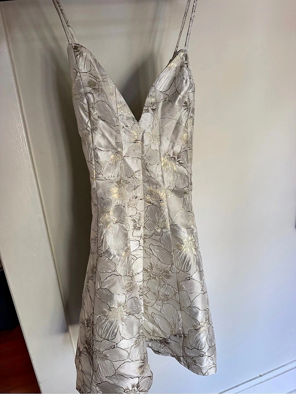 Lulus Gilded Lily Cream Floral Jacquard Ruffled Trumpet Mini Dress